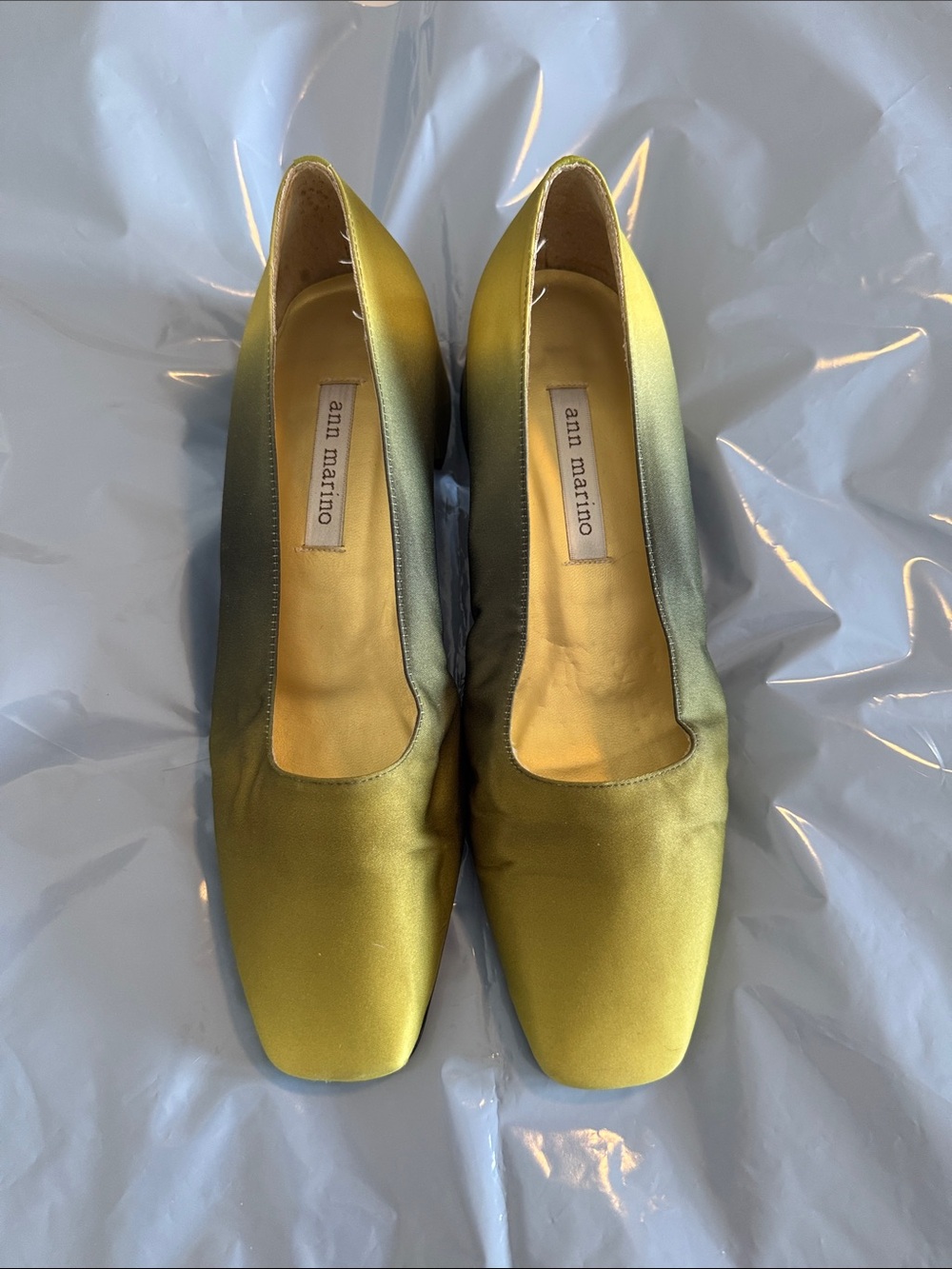 Ann Marino Chartreuse Satin Square-Toe Pumps